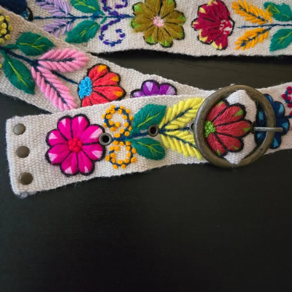 Vintage Boho Hand Embroidered Floral Fabric Artisan Belt Colorful Vivid Unique